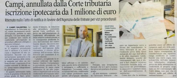 avvocato petrachi annullata corte tributaria da 1 milione di euro