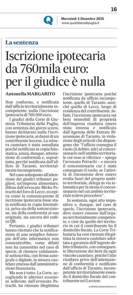 Iscrizione ipotecaria da 760mila euro per il giudice è nulla