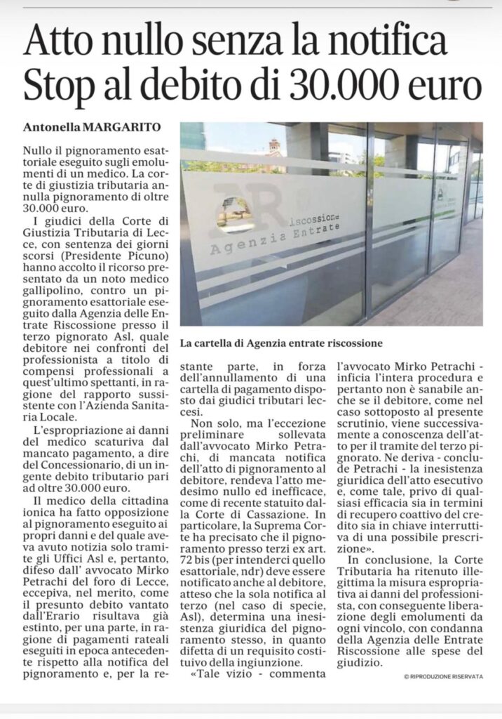 Atto nullo senza notifica: annullato pignoramento da oltre 30.000 euro